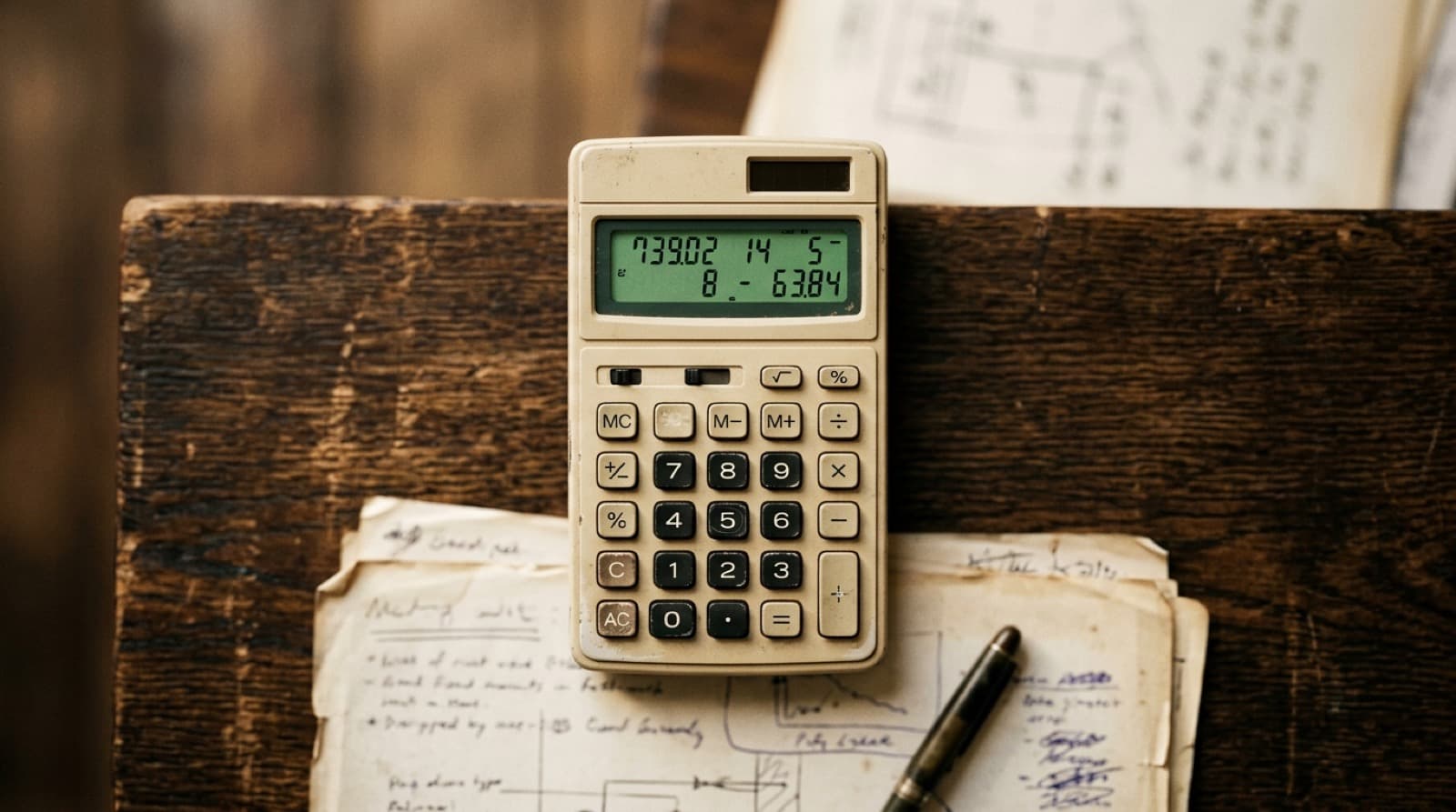 Calculadora vintage con LCD verde sobre papeles manuscritos